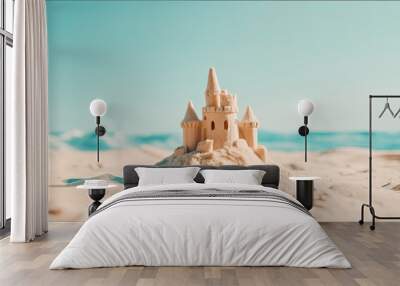 Beautiful sandcastle on the beach with sand on summer vacation. Travel vacations concept. Generative AI Wall mural