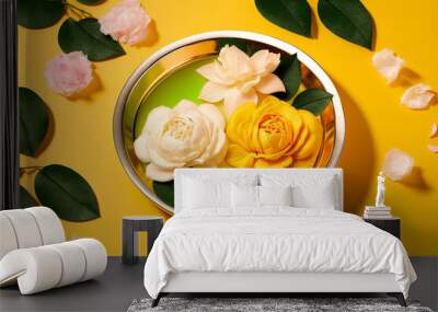 Beautiful thai traditional rose in water bowls on yellow background. Water in bowl mixed with perfume and flower for Songkran Festival Thailand. Generative AI Wall mural