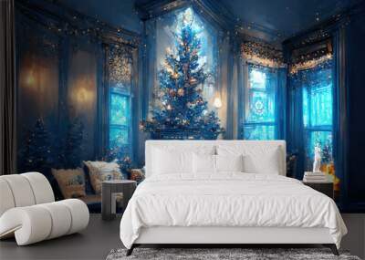 Blue Christmas interior. Living room with blue walls, blue sofa and gold and blue Christmas decorations on Christmas tree. Ai generated art illustration Wall mural