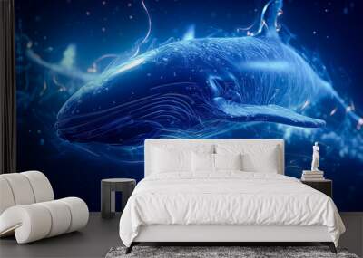 Blue neon whales travelling through space, galaxies. Space and galaxy background, wallpaper. Generative AI Wall mural