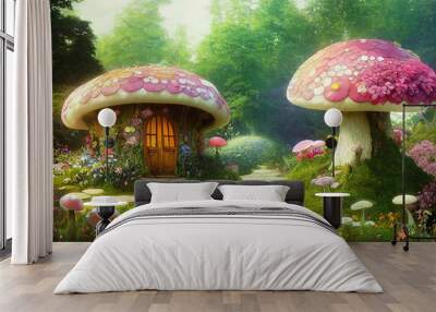 Children digital illustration, magic elven house with fairy tale mushrooms and flowers, fairyland wallpaper, printable beautiful painting. AI created a digital art illustration Wall mural