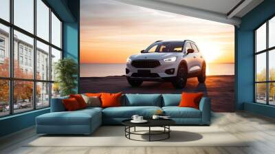 Compact SUV car and modern design on concrete road illustration. Ai generative. Wall mural