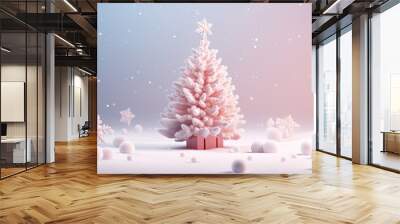 Creative Christmas design pink pastel color background with Christmas tree. New Year concept. Wall mural