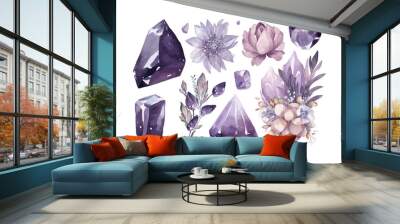 Crystals and flowers watercolor. Vector illustration desing. Wall mural