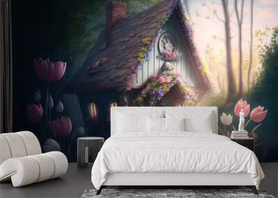 Cute magical house in the middle of the forest. Generative AI. Wall mural