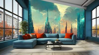 Cyberpunk town, futuristic city, dystoptic artwork, 4k wallpaper. Digital illustration Wall mural