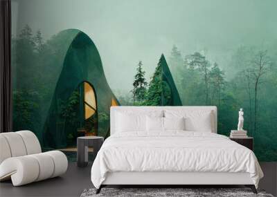 Ecological wooden house with lights on in forest scenery. Eco-friendly concepts. Eco-architecture. Modern city in forest. Ai generated art illustration Wall mural