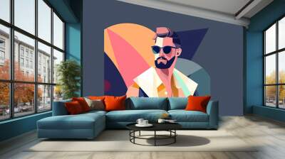 Fashion portrait of a model man with sunglasses. Retro trendy colors poster or flyer. Flat design. Generative AI Wall mural