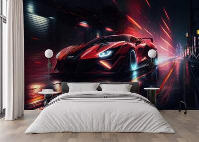 Futuristic red car in dark with light trails illustration. AI generative. Wall mural