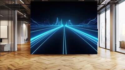 Futuristic style highway road with blue neon light. Ai generative. Wall mural