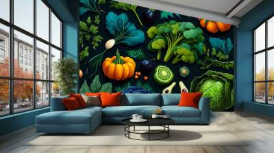 Generative AI. Colorful pattern of vegetable slices and leaves. Autumn vibe. Wall mural