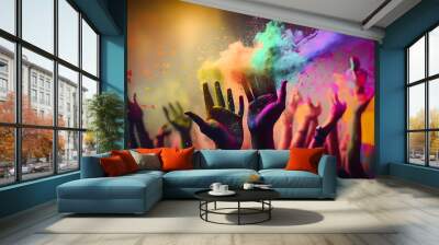 Happy hindu indian people celebrate holi festival by throwing colorful powder at each other. People celebrating for holi festival of colour in nepal , india. Generative AI Wall mural