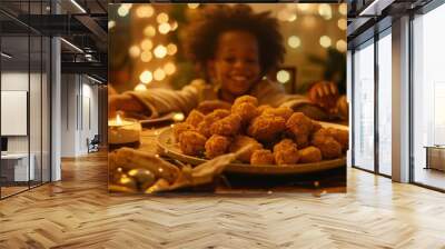 Joyful kids enjoying delicious fried chicken at a festive gathering with warm lights surrounding them. Wall mural