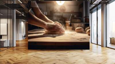 Man preparing bread dough on wooden table in a bakery. Generative AI Wall mural