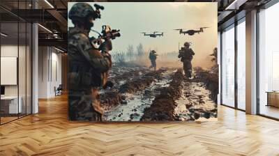 Modern soldiers operations during warfare. Drone operators on the battlefields. Modern war. Wall mural