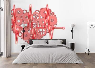 On a white background, a heart consisting of pink gears and a strip of heartbeat rhythm. The concept of medicine and health, cardiology. Wall mural