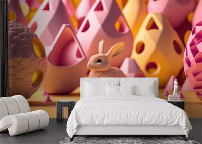 Plastic Bunny With Easter Eggs. Festive colorful decoration. Trendy abstract style. Happy Easter! Generative AI Wall mural