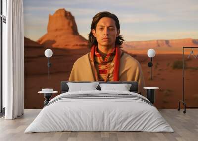 Portrait of a teenage male from the Navajo tribe in the US. Man in his traditional attire against the backdrop of Monument Valley. Wall mural