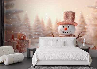 Realistic snowman smiling standing in snow near spruce trees, christmas balls and gifts. Cute new year, christmas holiday character smiling in red mittens scarf and hat. Wall mural