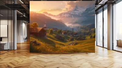 Serene Sunset Over Mountain Valley with Rustic Village and Green Hills Wall mural