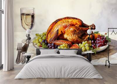 Traditional Christmas or thanksgiving roasted turkey, garnished with orange fruit slices and herbs, watercolor illustration, isolated on white background Wall mural