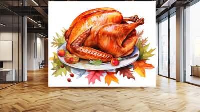 Traditional Christmas or thanksgiving roasted turkey, garnished with orange fruit slices and herbs, watercolor illustration, isolated on white background Wall mural