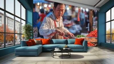 Vendor at night market selecting fresh tomatoes under red lantern Wall mural