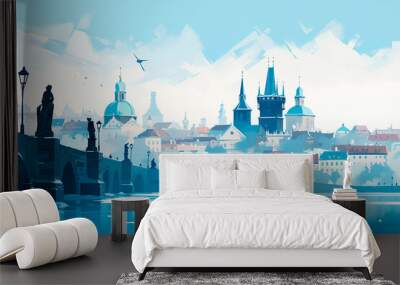 view of old city of of Prague Czech Republic Charles Bridge. Cartoon style flat design, minimalist illustration Wall mural