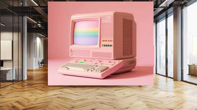 Vintage Desktop PC with Floppy Drive, Keyboard and Mouse in pink pastel color. Creativity and minimalism. Generative AI Wall mural