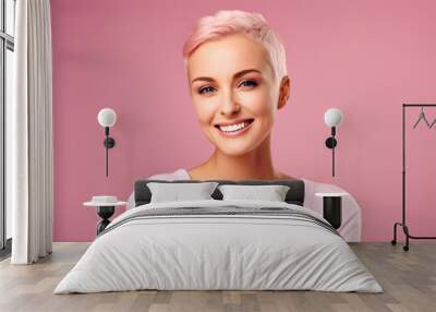 Young beautiful women over isolated pink background screaming proud and celebrating victory on cancer Wall mural