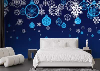 Blue Christmas balls with pattern, white snowflakes seamless pattern. Modern flat design. Holiday Wallpaper. Winter infinite border background. Cartoon snowflakes, balls on blue. Vector illustration Wall mural