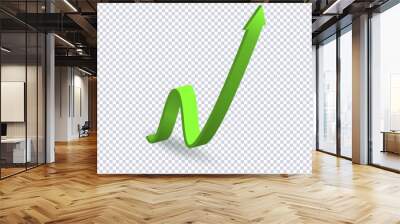 Growing Green Arrow up. Growth chart sign. Flexible arrow indication statistic. Colorful curve arrow of trend on transparent. Trading stock news impulses. Trade infographic. Realistic 3d vector design Wall mural