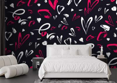 grunge vector seamless pattern with hand painted hearts and words love. hand drawn illustration for  Wall mural