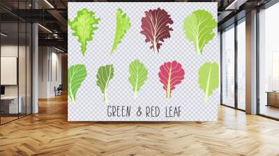 Mix of salad leaves. Cartoon set of green red raw leaves isolated on transparent. Collection icon of leaf salad . Organic vitamin ingredients for cooking healthy food. Vector illustration Wall mural