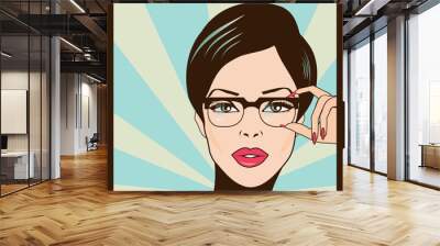 Eyewear glasses woman closeup portrait. Woman wearing glasses ho Wall mural