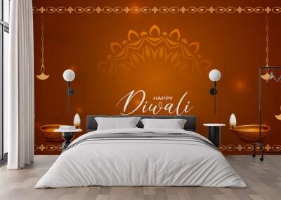 Beautiful Happy Diwali festival greeting banner with hanging lamps design Wall mural