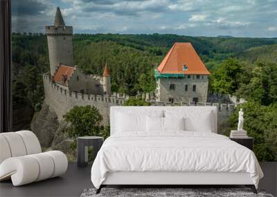 Aerial view of Kokořín Kokorin Castle in Czechia Neo-gothic restauration of a hilltop ruined medieval fortress Wall mural