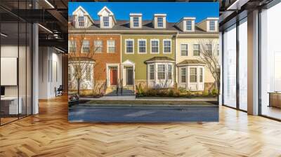 Typical American town house, town home neighborhood with colorful real estate houses at a new construction East Coast Maryland location with blue sky Wall mural