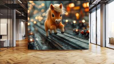 Whimsical Fusion of a Baby Horse and Motorcycles on an Elevated Track in a Surreal Dreamscape Wall mural