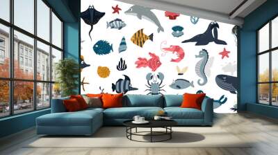 Sea animals on a white background. Cute and funny Inhabitants of the marine underwater world, fish, dolphins, sharks, shrimps, algae, shells. Vector illustration on a white background. Wall mural