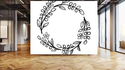 Black line flowers leaves circle frame on 2 white silhouette. Vector illustration for decorate logo, text, greeting cards and any design. Wall mural