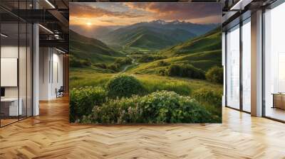 Lush green mountain landscape with rolling hills, winding path, and dramatic sunset sky with colorful clouds Wall mural