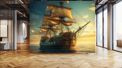 Old sailing ship in the ocean at sunset. Generative AI Wall mural