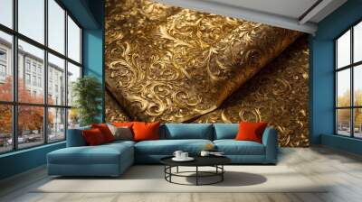 roll of intricately patterned gold wallpaper unfurls, revealing its opulent design. wallpaper featur Wall mural