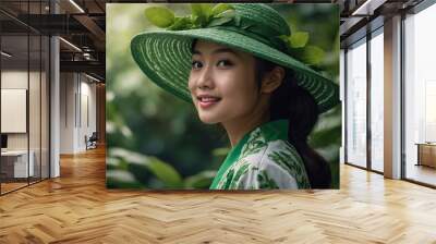 Young Asian woman with long dark hair wearing large green sun hat, smiling in garden setting with green leaves in background Wall mural