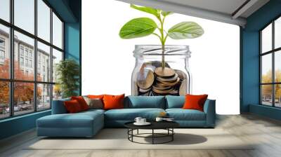 A glass jar filled with coins and growing plant, isolated on transparent background Wall mural