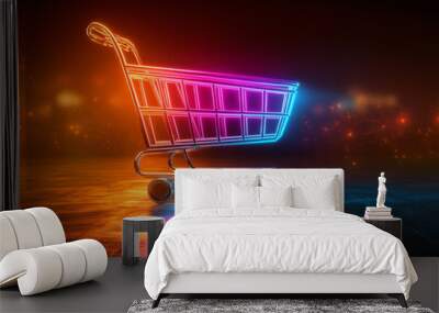 A neon glowing shopping cart icon, isolated on a dark background Wall mural