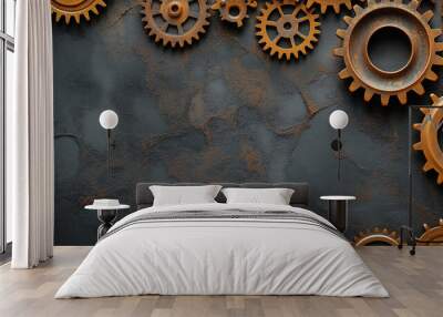 Steampunk background with rusty gears on a dark Wall mural