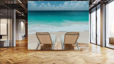 Two beach chairs on the sand facing beautiful turquoise water Wall mural