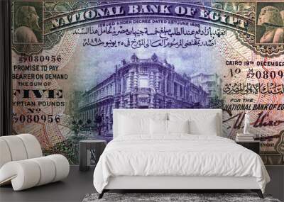 Large fragment of obverse side of 5 LE five Egyptian pounds banknote series 1941 issued by the national bank of Egypt with of the building housing the National Bank of Egypt in Cairo, vintage retro Wall mural